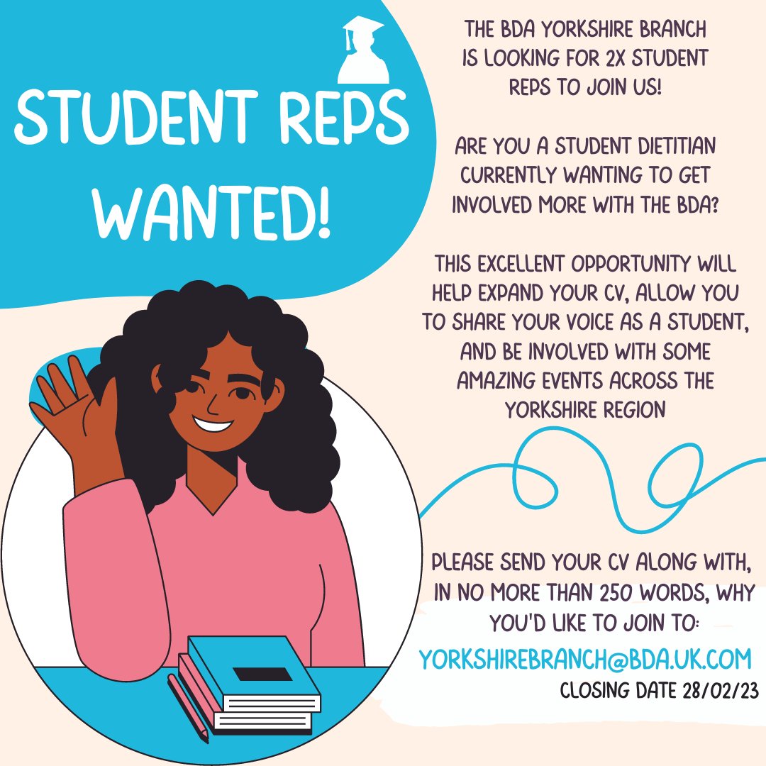 BDAStudentYB's tweet photo. Student reps wanted! π
Please share @NDHullUni @BDAyorkshire @LBUDieteticssoc @leedsbeckett @BDAStudent
#student #studentdietitian #rd2b #bda #bdayorkshirebranch #studentrep #dietetics #britishdieteticassociation https://t.co/QMvjh2Vbwd