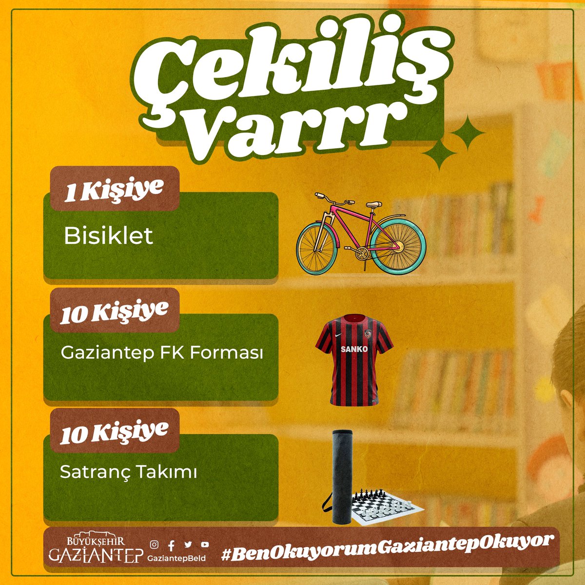 Çocuklarımız için özel bir çekiliş hazırladık. 🥳📚 

📖 Kitap okurken paylaşacağınız fotoğrafla bisiklet, forma ve satranç takımı kazanmak için #BenOkuyorumGaziantepOkuyor etiketiyle kitap okuma görselinizi bu paylaşımın altına ekleyin. 

Bu paylaşımı RT ve Fav yapın. 👍