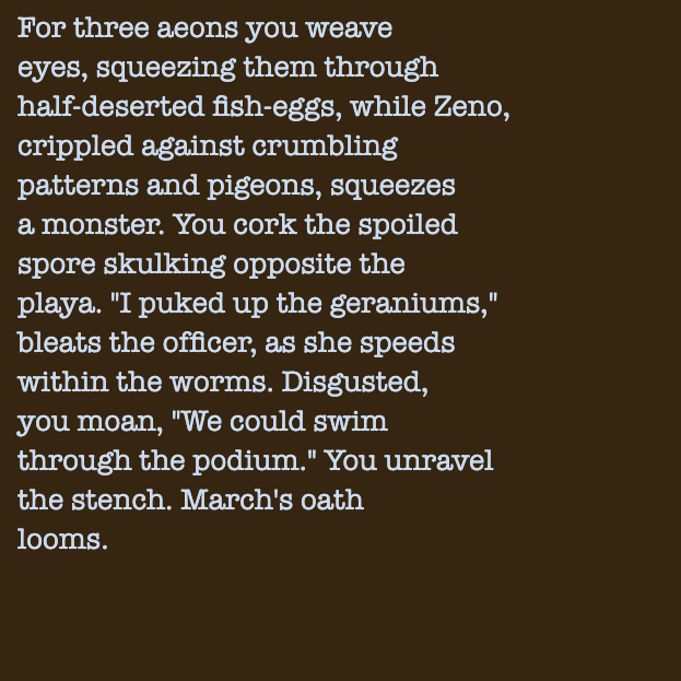 yourstorywtf's tweet photo. Thanks to @hassoon9009 , who minted #YourStory #141 & #142.
"'I #puked up the #geraniums,' #bleats the #officer, as she #speeds within the #worms."
#tabluarwriting #algorithmicfiction #generativetext #NFT https://t.co/KYwAX9gI0X