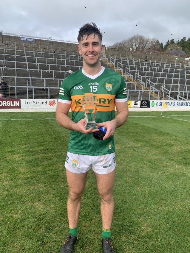 Our hearts are bursting with pride The first Kilgarvan Senior football player to play for Kerry , his first game starting and he only goes and wins Man of the match. That’s our Donal OSullivan Down !’
