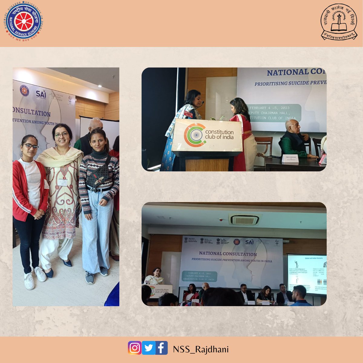 NSS_Rajdhani's tweet photo. @NSS_Rajdhani joined the    NATIONAL CONSULTATION
Prioritising Suicide Prevention for Youth in India on 
FEBRUARY 4 and 5, 2023 organised at Deputy Chairman Hall, Constitution Club of India. https://t.co/Ll2oD1QPtJ