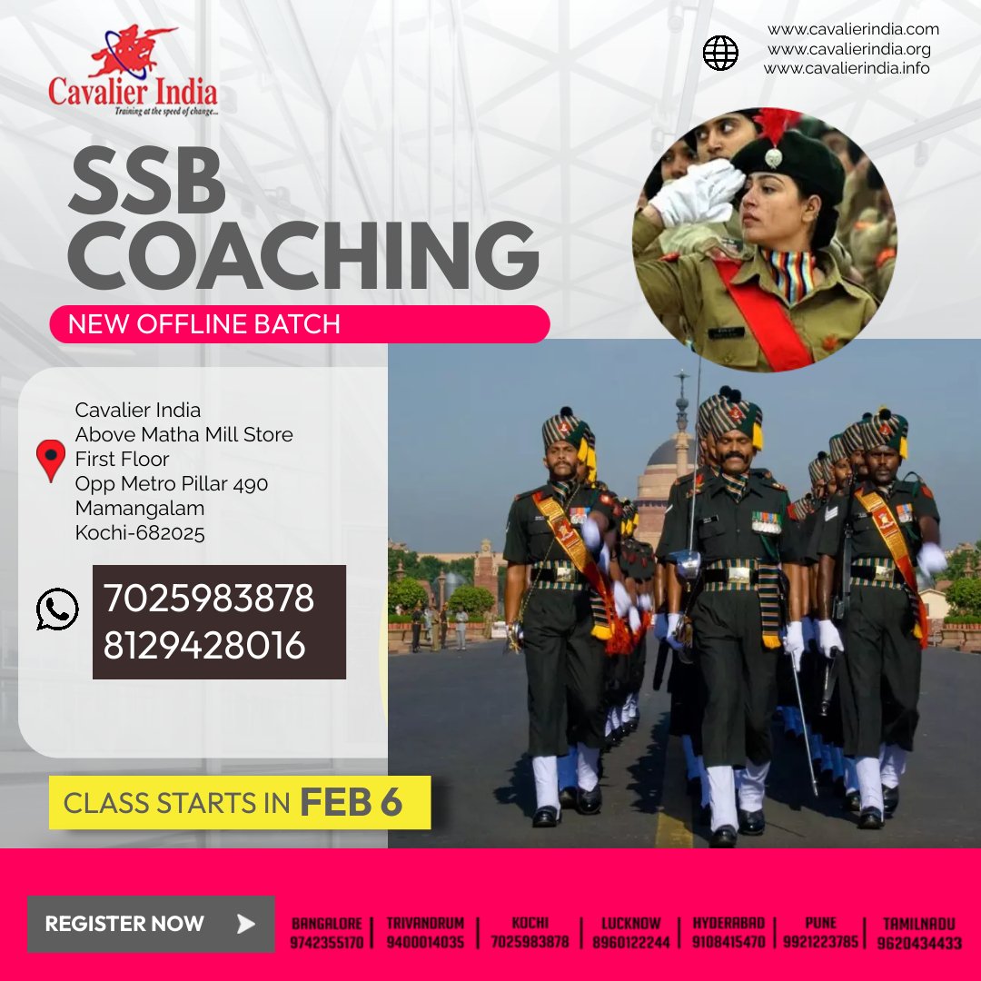 REGISTER NOW:
NEW offline batch starting on Feb 6th 2023
SSB COACHING
Contact us:7025983878/8129428016
#SSB #cavalierkochi #cavalierindia #ndacoaching #ndacourse