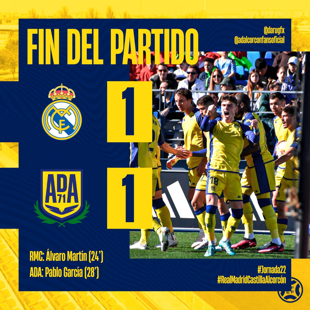 adalcorconfans2's tweet photo. ⚽EMPATE⚽
Finalizado el partido en la #CDValdebebas, la @AD_Alcorcon consigue rascar un punto ante una @lafabricacrm que estuvo mucho mejor sobre el verde.
Partido muy pobre el nuestro, sin ningún tipo de planteamiento, pero con un final beneficiario, se mantiene el liderazgo 💛 https://t.co/iVcpIBaY60