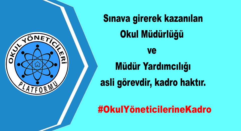 Okul müdürlüğü ve müdür yardımcılığı ikinci görev değil, asli görevdir.
#OkulYöneticilerineKadro 
<a href="/tcbestepe/">T.C. Cumhurbaşkanlığı</a>
<a href="/tcmeb/">Millî Eğitim Bakanlığı</a>
<a href="/_aliyalcin_/">Ali YALÇIN</a>
<a href="/TalipGeylan06/">Talip Geylan</a>
<a href="/nejlakurul/">Nejla Kurul</a>
<a href="/kademozbay_/">Kadem Özbay</a>
<a href="/leventkuruoglu/">Levent Kuruoğlu</a>
<a href="/oguzozat/">Oğuz ÖZAT</a>
