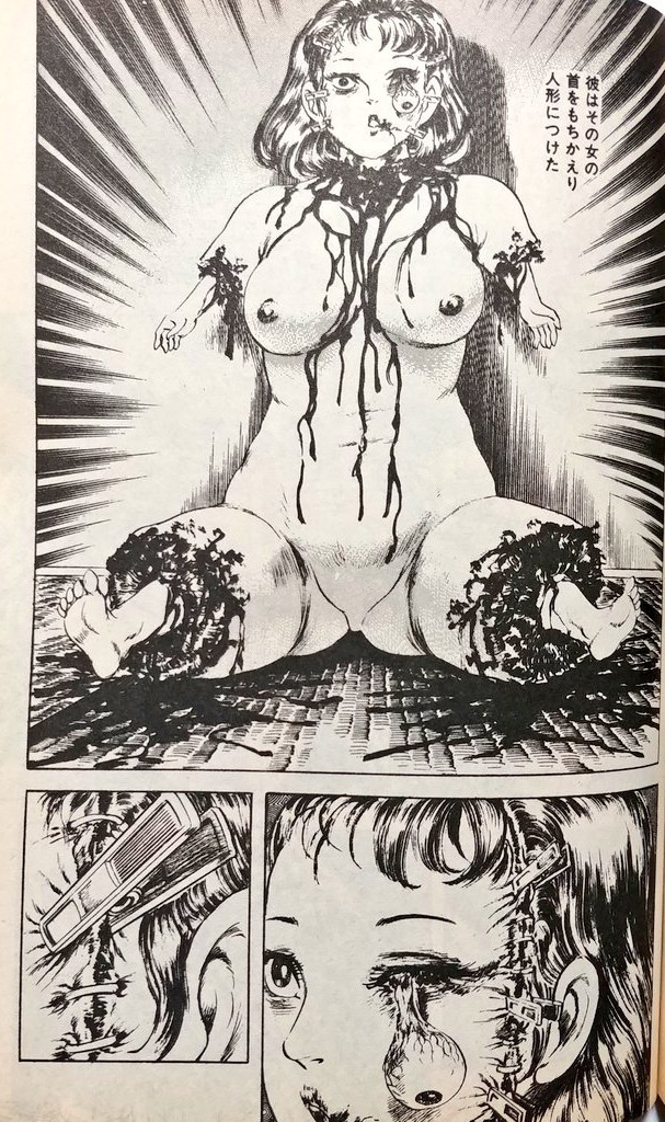 漫画における人体の破壊描写の影響はスプラッタブームに端を発した様に思われるが、三流劇画ではブーム以前より現実で起こった事件などからヒントを得たものが多い(逆に90年代以降は映画の影響が強くなる)
事実は小説より奇なりであり、作家はそれを超えようと必死に挑む。その精神こそが美しいのだ。 