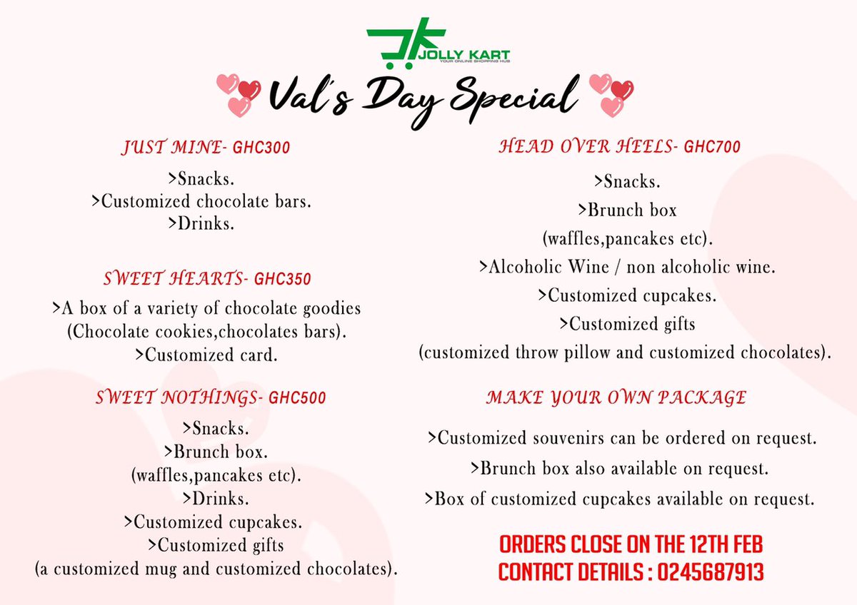 jollykartgh's tweet photo. Let us help you spread the love! Variety of packages including customizable ones!!! Taking orders now until February 12th ❤️ https://t.co/fI387ohJUX