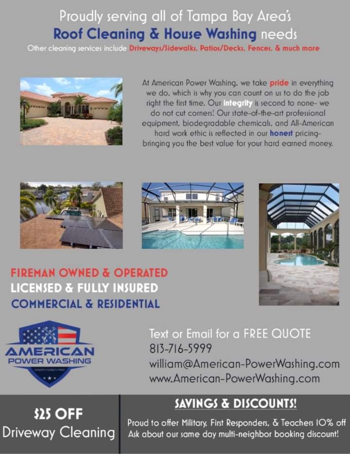 Joining Our Traffic Team Radio Network : American Power Washing LLC offers both residential & commercial powerwashing services friendly technicians transform dirty surfaces in no time using professional grade cleaning equipment Fully insured 813 716-5999 american-powerwashing.com
