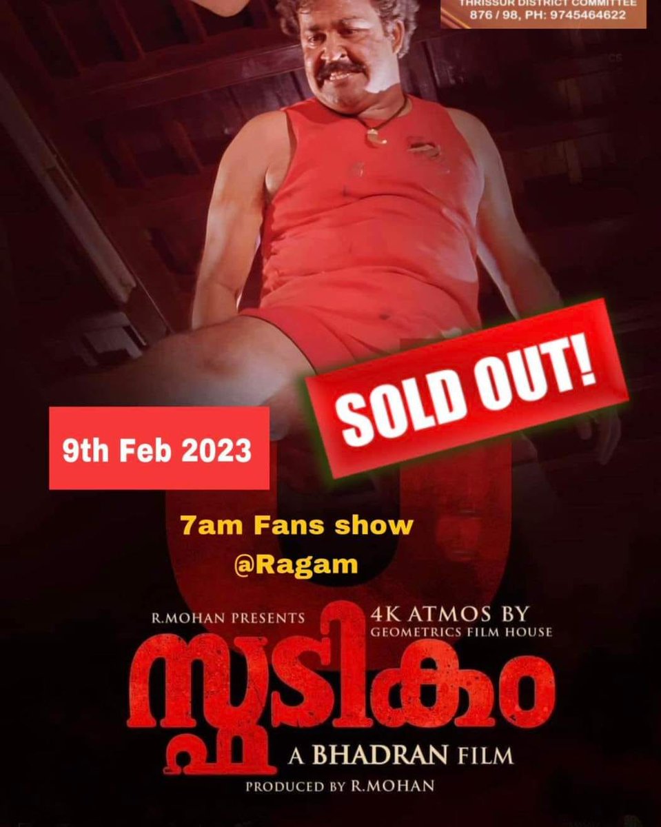 AbGeorge_'s tweet photo. #Spadikam 4K rerelease fans shows sold out in king size screens like Apsara (1030 seats), Ragam (747 seats), Abhilash (735 seats), Ariesplex Audi 1 (700 seats) etc. 🔥👏

#Mohanlal @Mohanlal https://t.co/ZM9PVLJ6VE