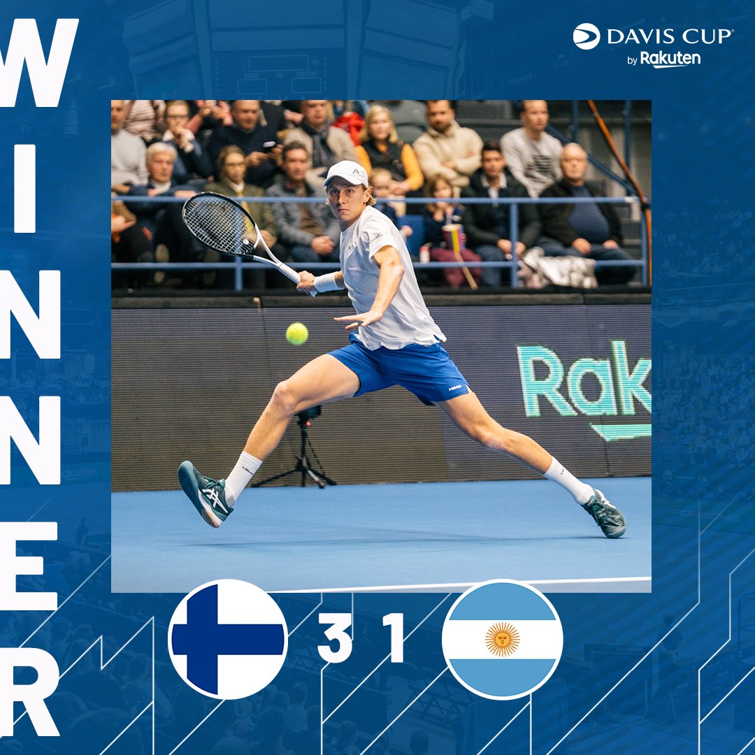 𝗠𝗲 𝗺𝗲𝗻𝗻𝗮̈𝗮̈𝗻 𝗠𝗠-𝗸𝗶𝘀𝗼𝗶𝗵𝗶𝗻! 🇫🇮

Ruusuvuori voitti Facundo Bagniksen 7-5, 6-1 ja varmisti maaotteluvoiton!

Uskomatonta, kiitos kaikille kannustuksesta; MM-kisapaikka ennätysyleisön edessä, emme voi enempää pyytää 🙏🏼

🇫🇮3️⃣-1️⃣🇦🇷