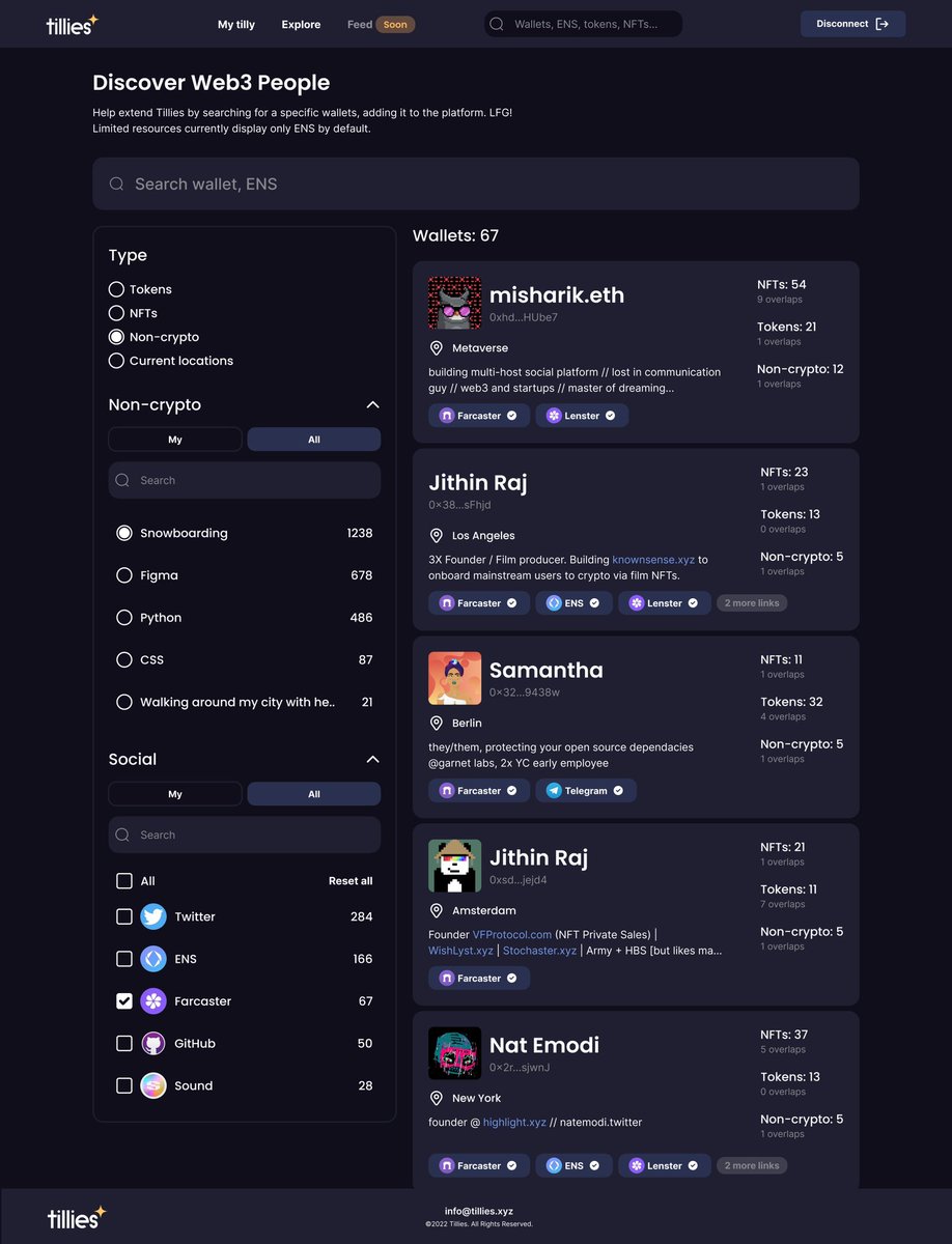 Tillies is the game-changing platform that lets you explore the personalities behind #wallets🔭 

Uncover the individuality of users without revealing their identity, and find like-minded people. 

Discover a new way to connect in the #Web3 space!👾