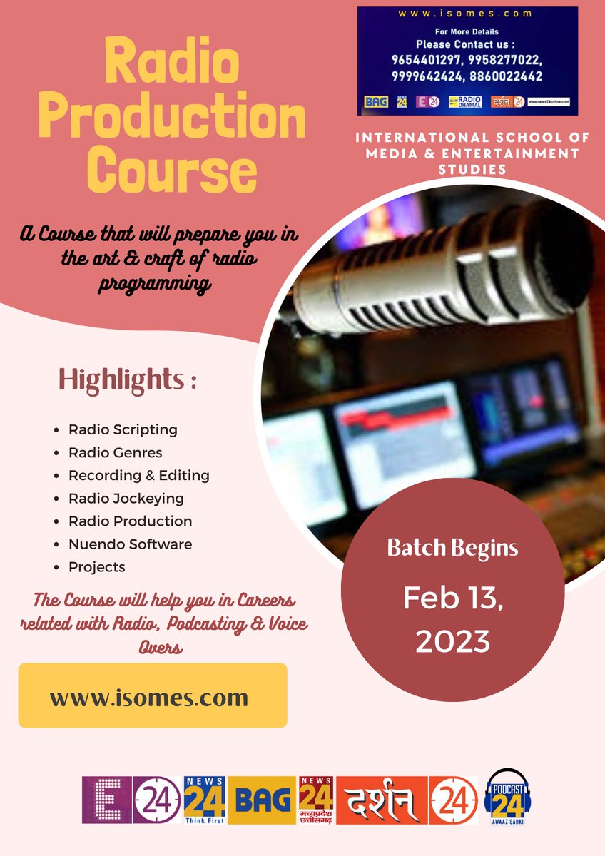 #Radio #radioproduction #radioprogramming #podcasting #soundediting #RJing #Radiojockeying #isomes starting it’s #Radiocourse from Feb 13, #registrationsopen , Register at isomes.com @IsomesN @pod24awaazsabki @news24tvchannel