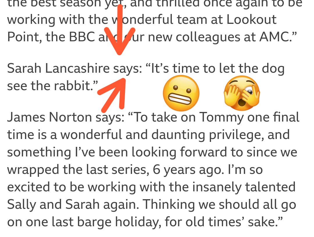 So am just remembering Sarah Lancashire's succinct quote from the BBC press release announcing #HappyValley 3. Am really, really hoping Catherine's the dog and Tommy Lee Royce is the rabbit. (He'll never be 'Tommy' to me...)