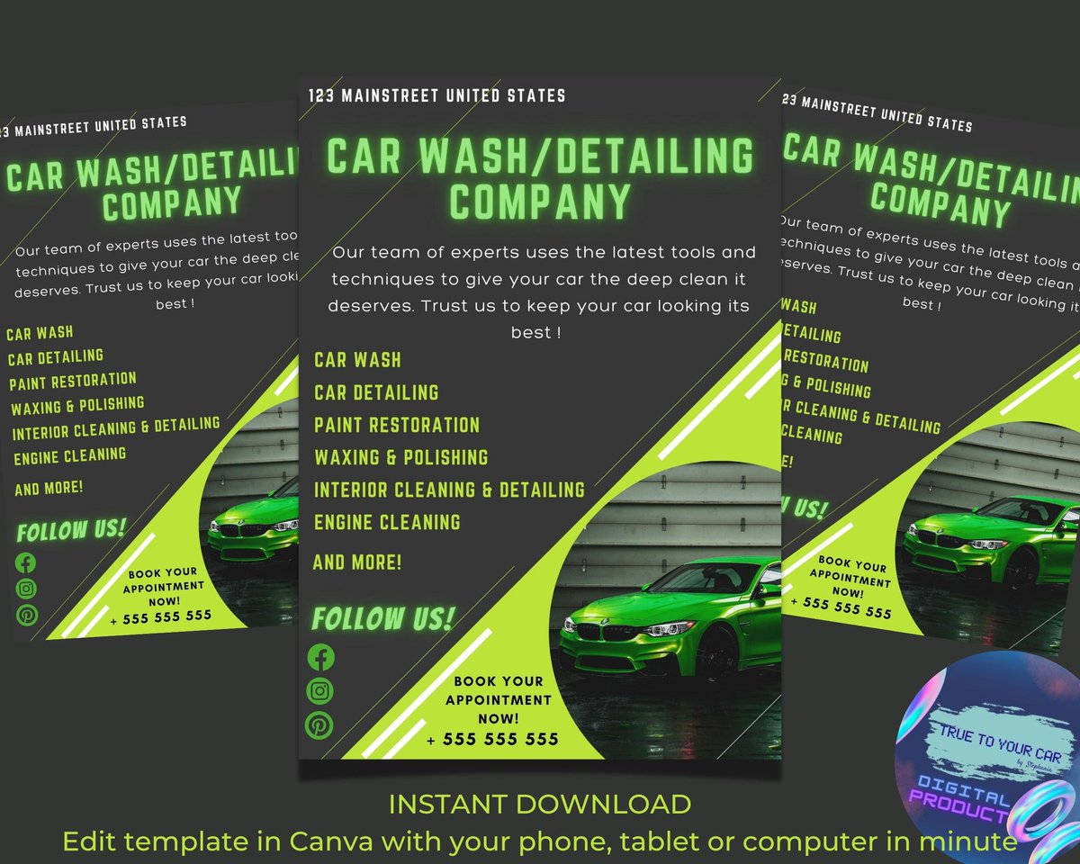 Get ready to stand out with our bold and bright neon green car wrap , auto parts shop , car detailing & wash flyers! Upgrade your automotive advertising game with the latest trends #CarDetailing #CarWash #AutomotiveAdvertising #BrightColors #NeonGreen #CarWrap #CarGarage #Auto