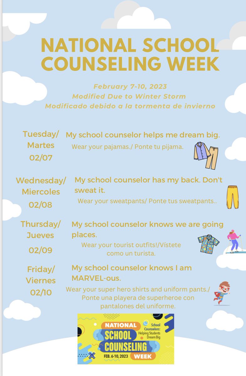 Counselors helping students dream big! Please see the adjusted National School Counseling Week Flyer in accordance with the Winter Storm last week! I can’t wait to celebrate with our students this week! @CounselingDISD @dallasschools @ASCAtweets @LSSSCA1