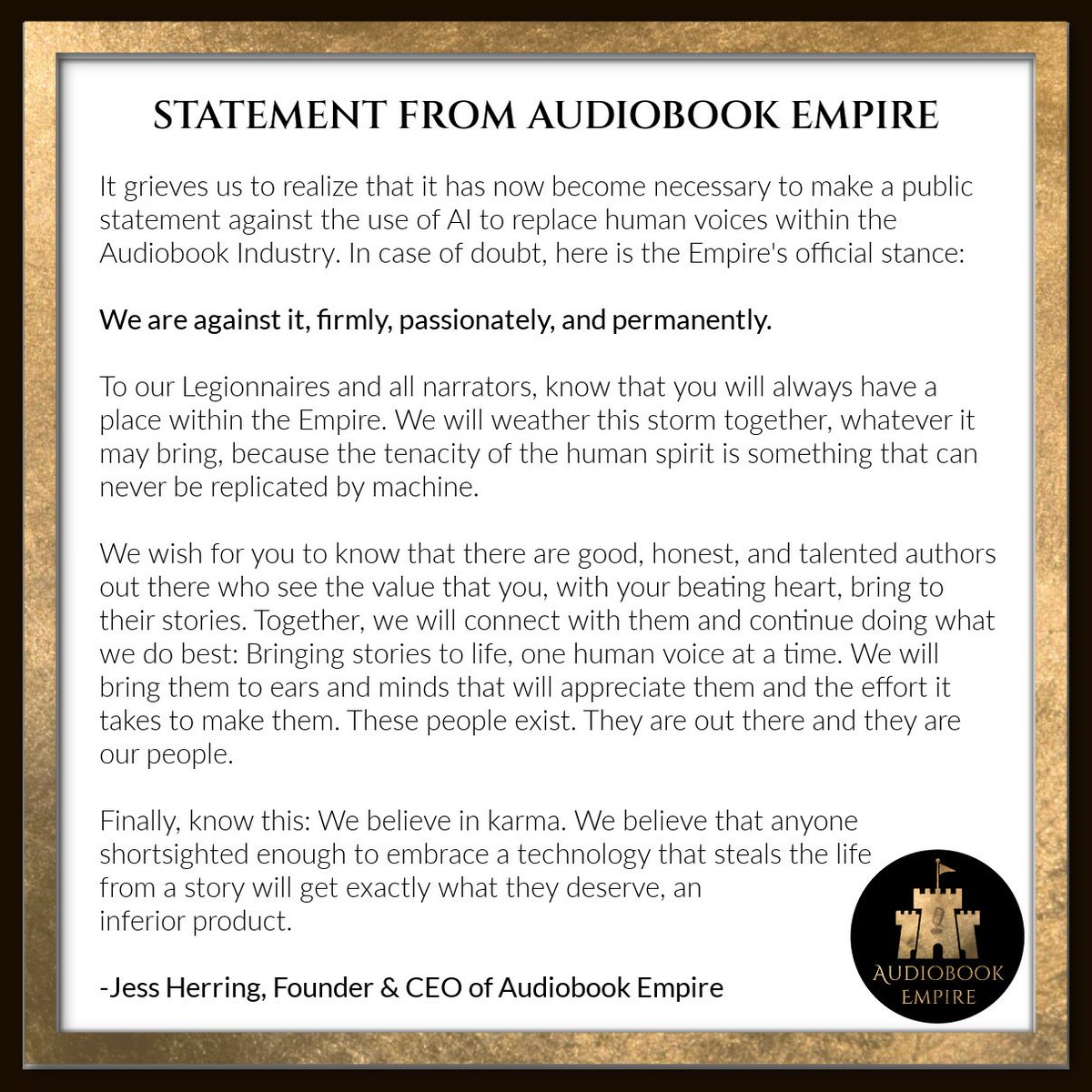 STATEMENT FROM AUDIOBOOK EMPIRE ON AI NARRATION

#AI #ArtificialIntelligence #AIAudiobooks #HumanVoicesOnly #StandWithNarrators