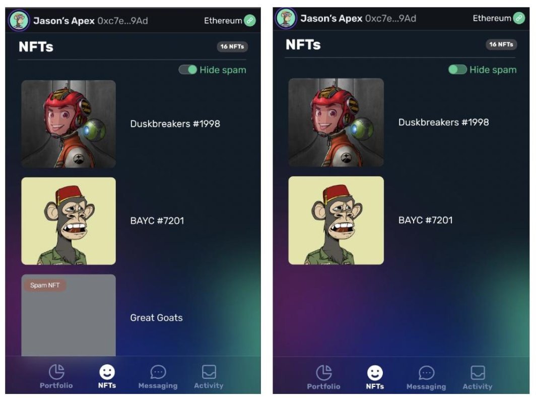 walletintern's tweet photo. 3) Be alert of harmful airdrops and NFTs in your wallet. Don't click on any tokens or NFTs in your wallet that you don’t recall purchasing or interacting with. 

Apex’s spam filters will safeguard you from potential interaction with SPAM contracts https://t.co/z3boOy5egS