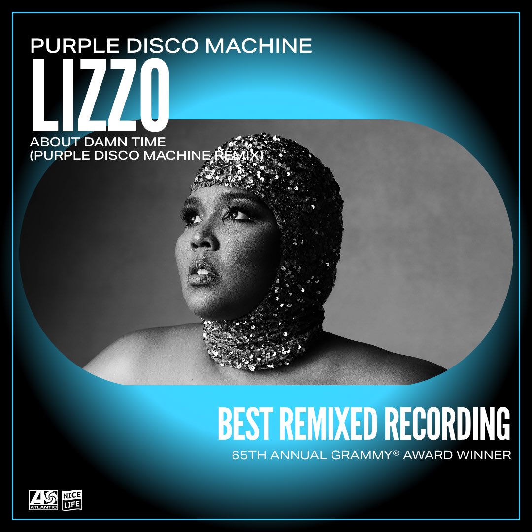 AtlanticRecords's tweet photo. Congratulations @PurpleDiscoM and @lizzo on winning Best Remixed Recording for “About Damn Time” at the 2023 #GRAMMYs  @RecordingAcad 🥳🏆 https://t.co/Q2hxfjeLX5