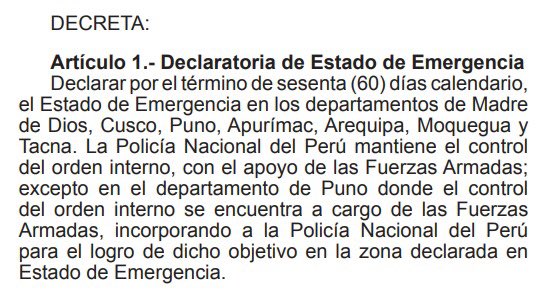 RevistaRT21's tweet photo. #Último Gobierno declara en #EstadoDeEmergencia por 60 días en los departamentos de Madre de Dios, Cusco, Puno, Apurímac, Arequipa, Moquegua y Tacna. Asimismo en Puno, se le encarga el control del orden interno a las FFAA. https://t.co/Fjp8niGw3t