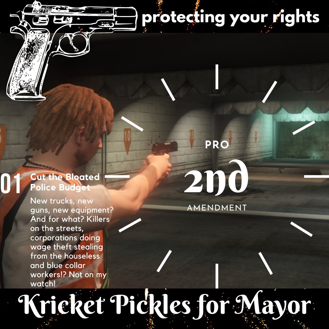Victorbot3's tweet photo. Kricket Pickles runs for Mayor! #GTAVRP #FableRP
Blue Collar Trash Worker Kricket looks to hold public office. Running on Unfunding the Police, slashing their bloated, and often corrupt budgets, and redistributing resources to the housing adjacent. Supported by regular folk. VOTE https://t.co/UWW9GDYoYm