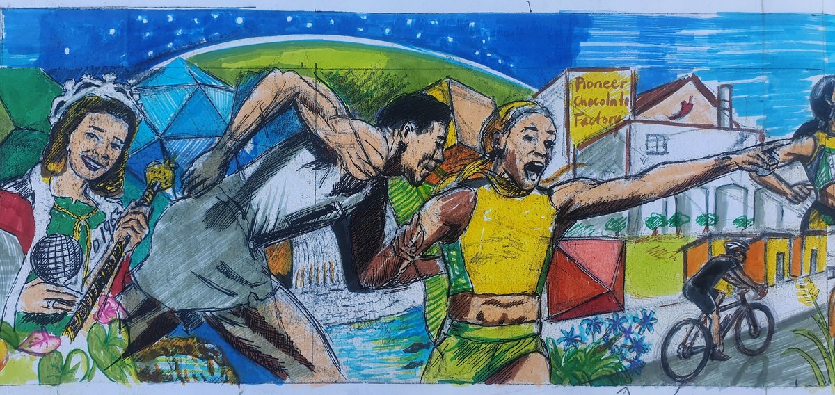Manchester has been home to me from birth to 30. Jamaica's first Miss World, #CaroleCrawford , Jamaica's first Olympic gold medalist, #ArthurWint and the fastest woman alive #ElaineThompsonHerah are rooted in Manchester, Jamaica. This is a fraction of a mural sketch.