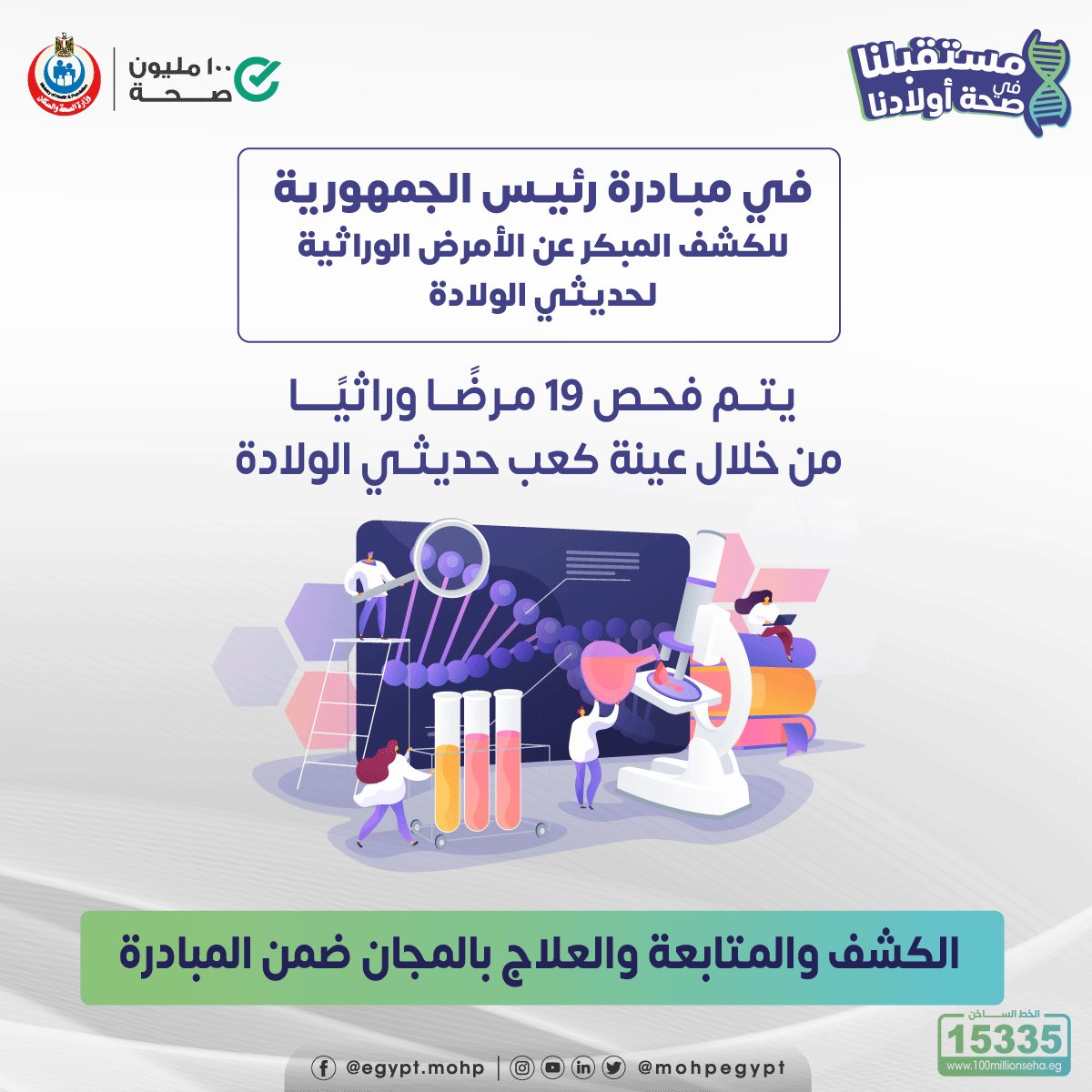 mohpegypt's tweet photo. في مبادرة رئيس الجمهورية للكشف المبكر عن الأمراض الوراثية لحديثي الولادة، يتم فحص ١٩ مرضًا وراثيًا من خلال عينة كعب حديثي الولادة👌

🟢المبادرة تقدم خدماتها بالمجان
#مبادرة_الأمراض_المزمنة https://t.co/W9Fd9Awy05