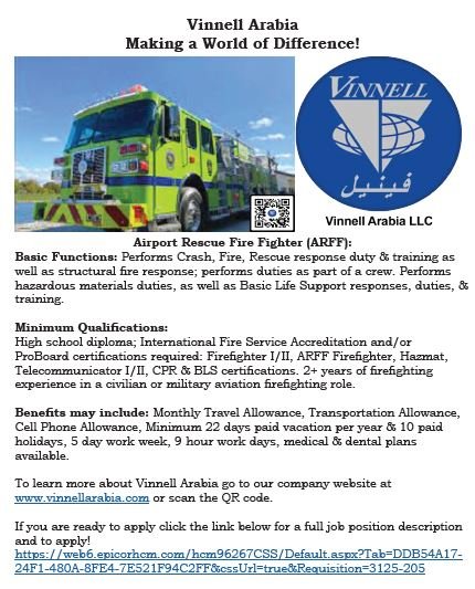 If you have Airport Rescue Firefighter Experience Vinnell Arabia is looking for you. For more information about this exciting opportunity check out vinnellarabia.com #firefighterjobs #hiringnow #avitionfirefighter