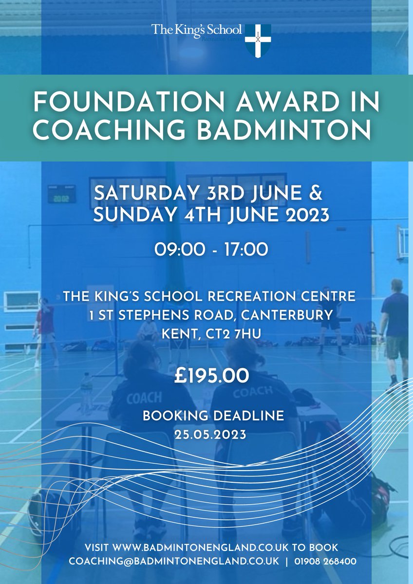 If you want to become a badminton coach, we have a Badminton England Foundation course in Canterbury during June. Book now! @Kings_Rec <a href="/BE_South/">BESouth</a> <a href="/LouArnold1/">Louisa Arnold</a>