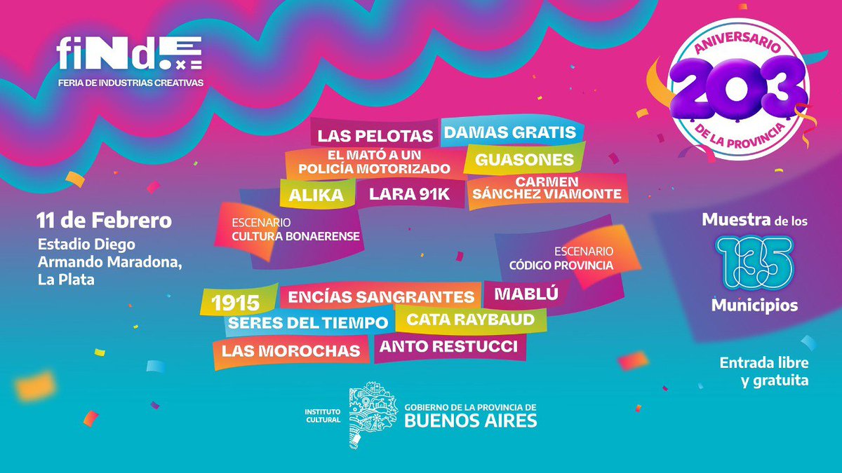 ¡SE VIENE EL ANIVERSARIO 203 DE LA PROVINCIA!🎉

El 11 de febrero en el Estadio Único de La Plata te esperamos para festejar con bandas en vivo, shows y muchas sorpresas más 🥳

Entrada libre y gratuita 🎟️