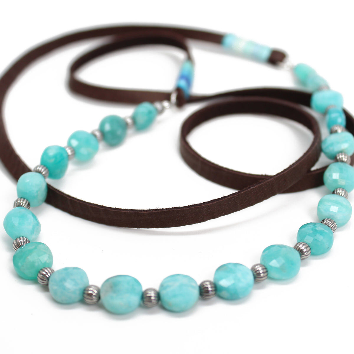 Amazonite and Leather Necklace bit.ly/3wRKyMr #amazonitejewelry #amazonitenecklace #handmadejewelry #texasmaker