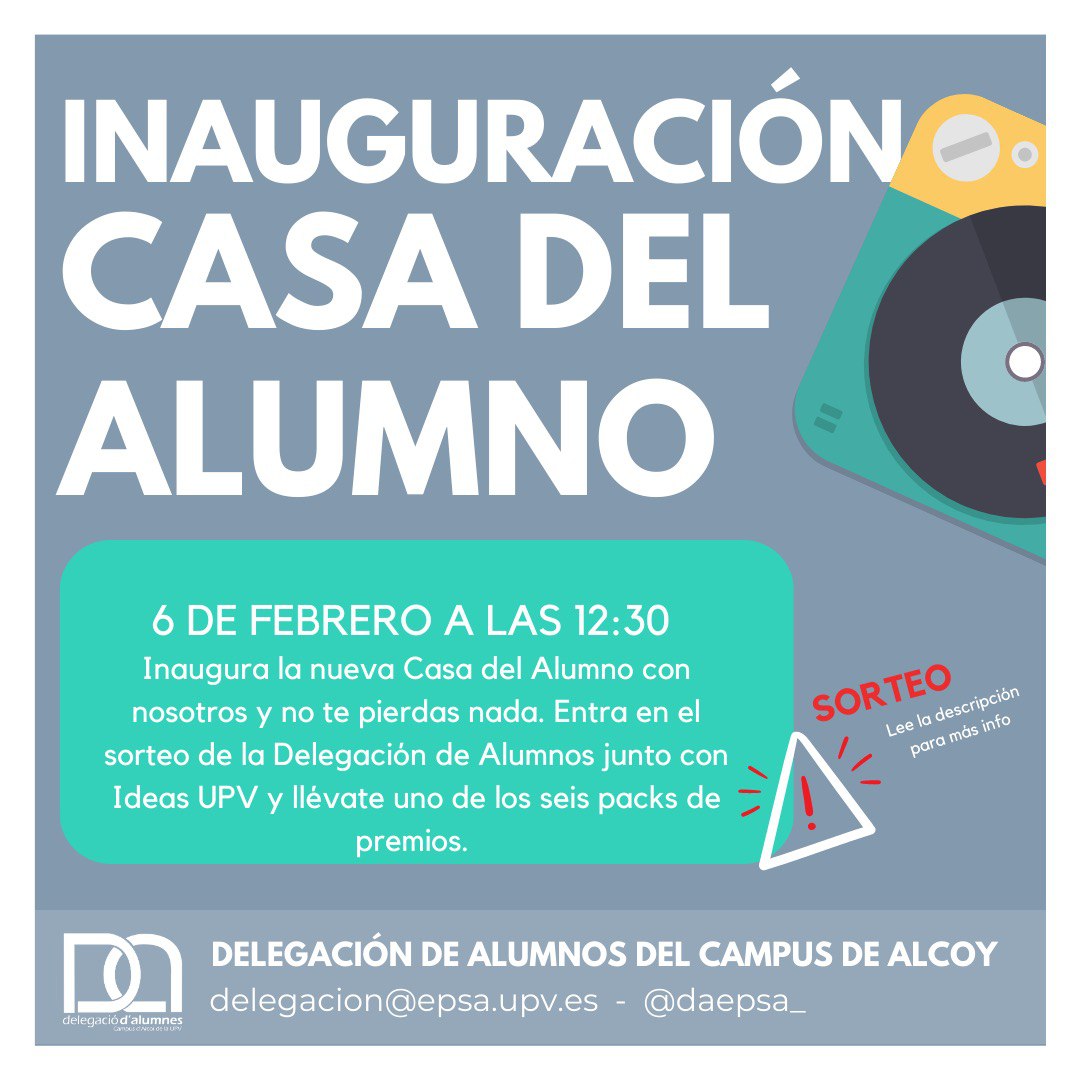 Mañana se inaugura la nueva casa del alumno y que mejor forma de inaugurar que realizando un sorteo.
¿Qué tienes que hacer?
Nada, solamente venir a las 12:30h a la inauguración hacer una foto y subirla a Instagram.
Por cierto cuando la subas no te olvides de mencionar a <a href="/DAEPSA_/">Delegación EPSA-UPV</a>