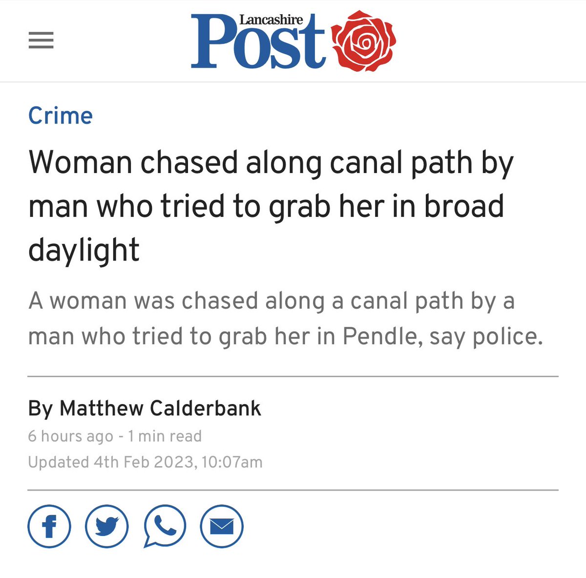 LadyDetectives1's tweet image. As a Lancashire local,I can’t stop thinking of #NicolaBulley. I don’t buy that she fell in the river

The 1 CCTV camera that could reveal what happened isn’t working

A man tries grabbing a woman on the canal just 45 minutes down the road &amp;amp; it’s ignored?!

lep.co.uk/news/crime/wom…