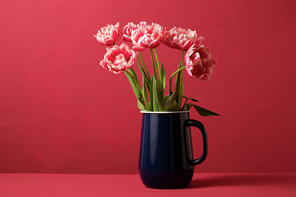 New artwork for sale! - "Beautiful spring bouquet of pink tulips in a blue decanter on a pink background" - fineartamerica.com/featured/beaut… @fineartamerica