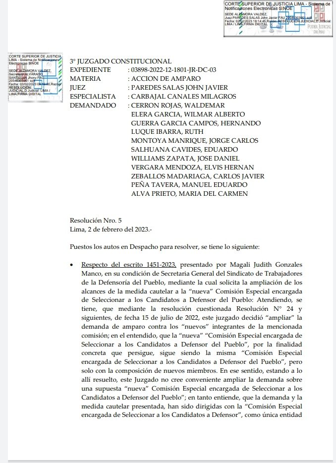 SindicatoDP's tweet photo. En respuesta al pedido de ampliación de la Medida Cautelar dictada en el proceso de amparo seguido por el @SindicatoDP, el juez del 3er Juzgado Constitucional de Lima ordenó al @congresoperu suspender el proceso de elección del Defensor/a del Pueblo. (1/3) https://t.co/qo2FaYYhRn