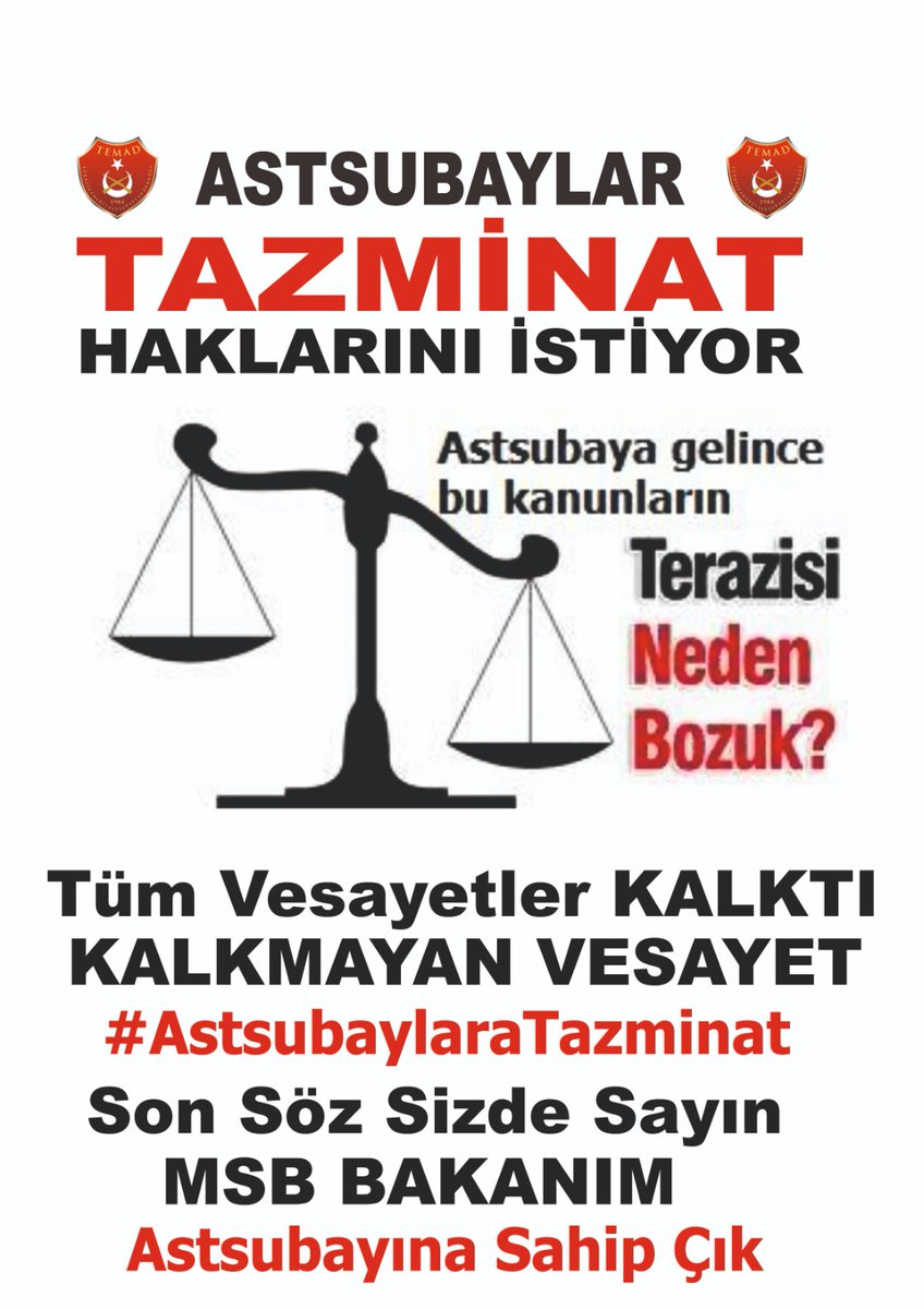 Yıllarca ülkesine hizmet etmiş emekli Astsubaylarımız ile bugün kahramanca ve fedakarca görev yapan, ordumuzun en kritik noktalarında yer alan tüm Astsubaylarımız Tazminat hakkını istiyor.Söz verdiniz kabul edin <a href="/RTErdogan/">Recep Tayyip Erdoğan</a> <a href="/dbdevletbahceli/">Devlet Bahçeli</a> <a href="/memurlarnet/">MemurlarNet</a> #AstsubaylaraTazminat