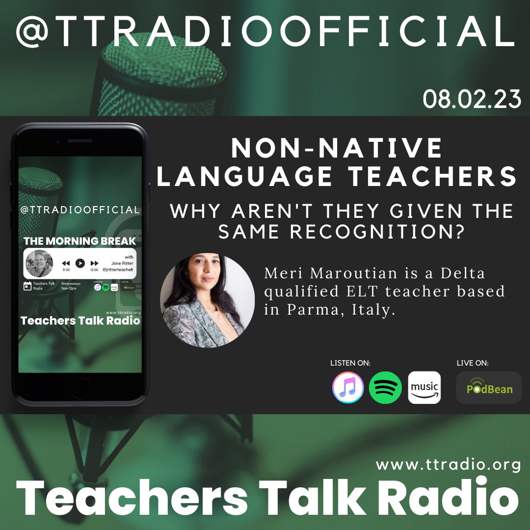 jritterteachelt's tweet photo. This week I am delighted to welcome Meri Maroutian to continue the conversation about non-native ELT Teachers. 
https://t.co/qp7cIzeL8P
#languagelearning #languageschool #elt #teachingenglish #italy #socialjustice #discriminations #recruitment #parenttraining #customereducation https://t.co/UV8fT7hdJN