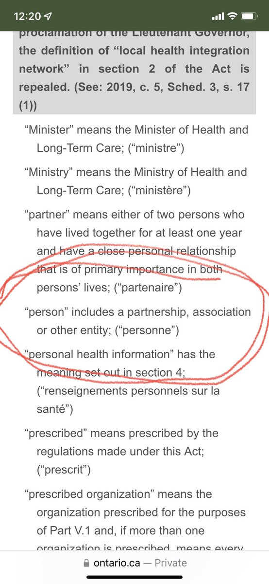 @PLJinNewWest1 @ana_avicente @DrSemaDeWolfe When looking at google maps etc. I’ve noticed areas in north ON labeled “unorganized Ontario”. Now I understand what that means. Thank you for sharing. Also any act (Fed/Prov) that has a definition of “person” includes entities other than individuals. 👇this one is from PHIPA