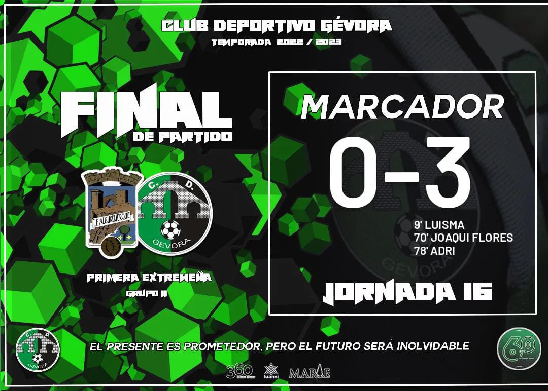 CdGevora's tweet photo. ▶️ 𝗙𝗜𝗡𝗔𝗟 𝗗𝗘 𝗣𝗔𝗥𝗧𝗜𝗗𝗢
➡️ @CPAlburquerque 0-3 @CdGevora
⚽ Luisma, Joaqui y Adri
✅ Gran partido del equipo que se reencuentra con la victoria varias jornadas después.
🤝 Gracias por el trato al Alburquerque y suerte en competición.
#Jornada16
#AlburCDG https://t.co/ppNwRm01Lo