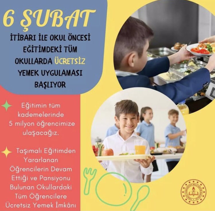 Değerli veliler 6 Şubat 2023 tarihi itibariyle bakanlığımız tarafından okul öncesi dönem öğrencilerine yönelik ücretsiz beslenme desteği verilecektir .Yarın uygulamamız başlayacaktır.