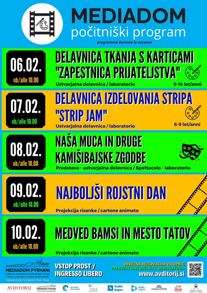 Jutri 6.2.23 prične Počitniški program Mediadom 2023!
Število mest je omejeno, zato je obvezna rezervacija/prevzem brezplačnih vstopnic na blagajni Avditorij Portorož oz. na št. 05 676 67 77 v času uradnih ur! #Mediadom #Piran #Počitnice