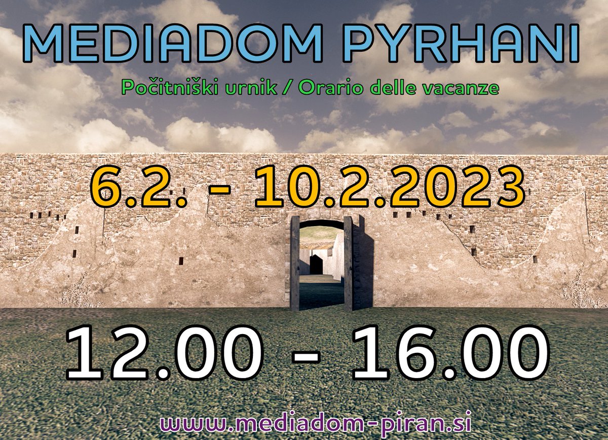 Spoštovane obiskovalce obveščamo, da bo muzej Mediadom Pyrhani v času šolskih počitnic obratoval po posebnem počitniškem urniku! Vabljeni tudi na Počitniški program Mediadom 2023!
Vljudno vabljeni, da nas obiščete! #Mediadom #Piran #Muzej #3dfilm
