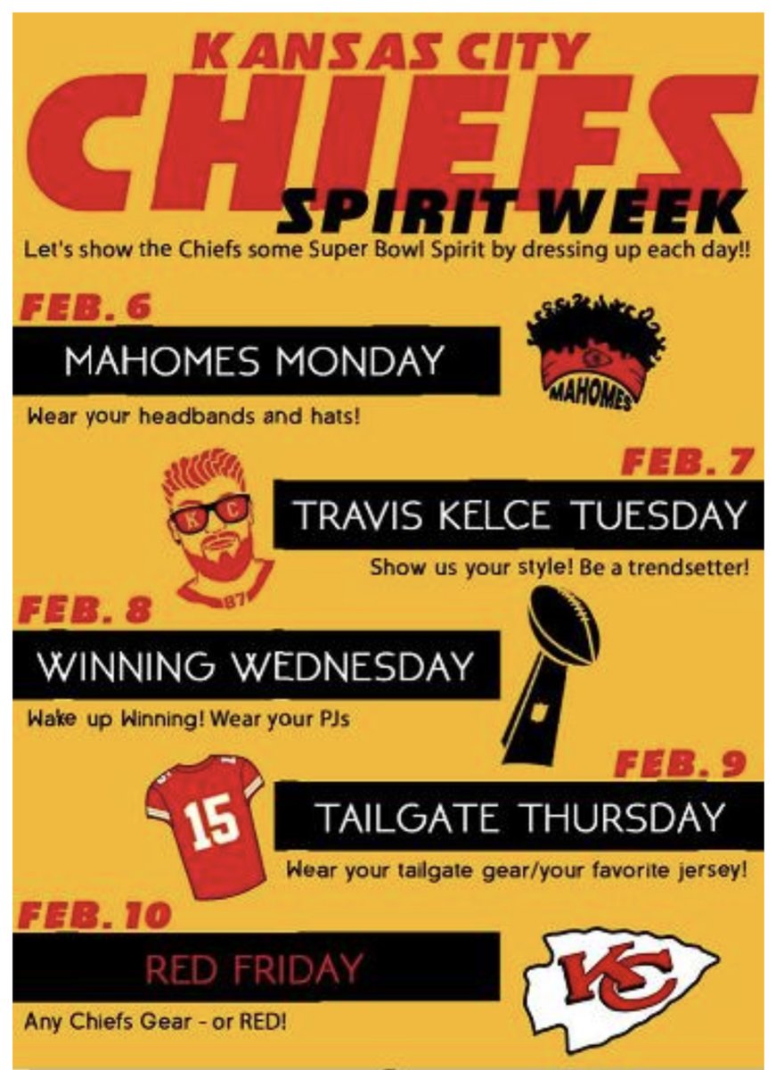 Monday begins our KC Chiefs' spirit week!🏆
                 🏉❤️💛🏈
Tomorrow is Mahomes Monday. Wear you headbands and/or hat.🧢