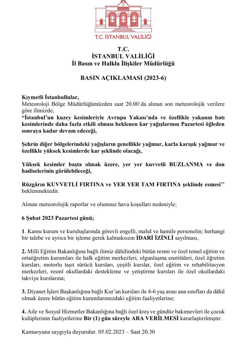 Kıymetli Hemşehrilerim
Sevgili Öğrenciler, 

⏰20.00’de Meteoroloji Bölge Müdürlüğümüzün paylaştığı verilere göre

🟧İlimizde beklenen kötü hava koşulları nedeniyle

✅Temel eğitim ve ortaöğretim kurumlarımızdaki eğitime 6 Şubat Pazartesi günü bir (1) gün süreyle ara verilmiştir.