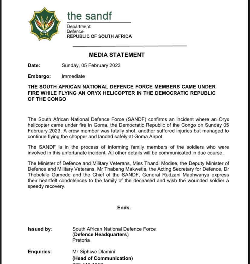 The SANDF has confirmed the incident and the casualties.
SAAF planners have been warning about the risk of this for a long time, especially as budget cuts &amp; withdrawals have meant that MONUSCO transport helicopters usually no longer have Rooivalk or Mi-24 escorts providing cover.