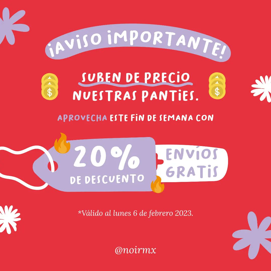noirmx's tweet photo. #AvisoImportante❗
Este mes suben de precio nuestras #PantiesParaElPeriodo 🩲🩸.
Este fin de semana aprovecha 🔥 ¡20% de descuento + envío gratis! 💫📦
Válido al lunes 6 de febrero 2023
https://t.co/HxQMbKlgYA
#Menstruación #RevolucionaTuPeriodo #MarcaMexicana #NoirMx https://t.co/3gp4sk8kS1