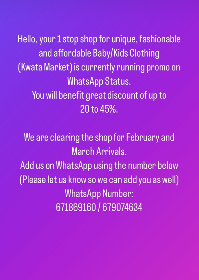 Promotions are currently on going. WhatsApp Status. +237671869160 / +237679074634
#kwatamarket #cameroon #cameroun #kidsclothing #babyclothing