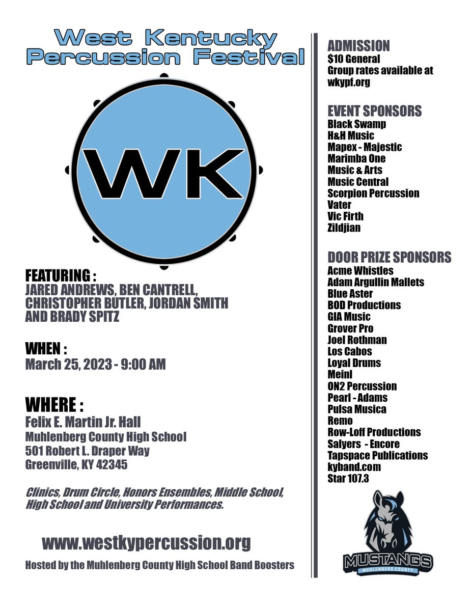 WKYPF's tweet photo. West Kentucky Percussion Festival 2023 - Over 30 schools participating and over 30 door prize sponsors.
https://t.co/MwXK8HPGCn https://t.co/nCypAhQexZ