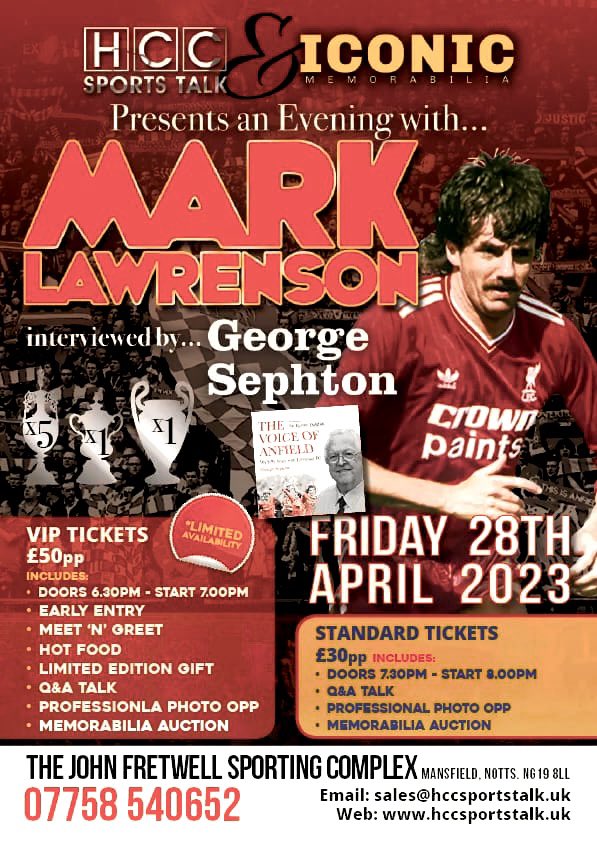 We are proud to team with <a href="/hccsportstalk/">Carl</a> to bring you an evening with @lfc legend <a href="/MTLawrenson/">Mark Lawrenson</a> &amp; “The Voice of Anfield” George Sephton.

It’s an event not to be missed! Want a ticket? Drop us a DM!

Sponsorship opportunities available!!

Tickets are selling fast! Don’t miss out!!