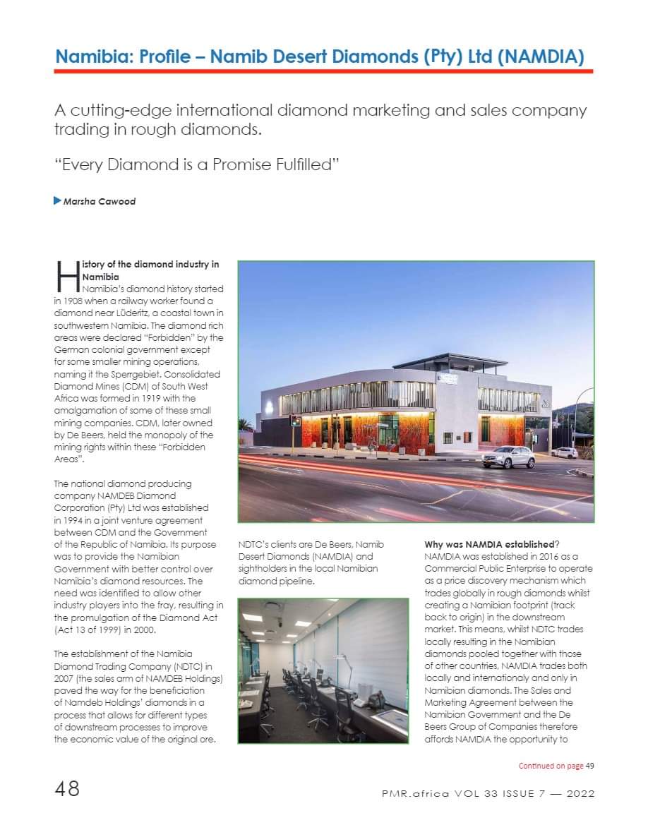#PMRafrica #Namibia 'A cutting-edge international #diamond marketing and sales company trading in rough diamonds.' @NAMDIANAM “Every Diamond is a Promise Fulfilled” Follow link for the #digitalcopy pmrafrica.com/vol-33-issue-0…. #excellence #corporatesocialresponsibility #EumboStar
