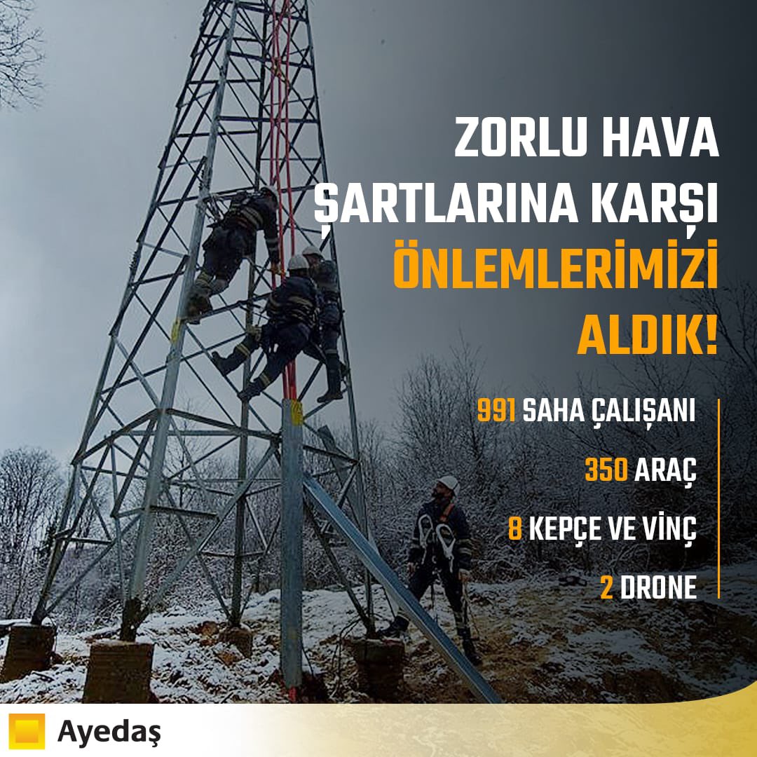 İstanbul Anadolu Yakası’nda beklenen yoğun fırtına ve kar yağışının elektrik dağıtım hatlarında oluşturabileceği hasarlara karşı 991 Arıza, Onarım ve Bakım (AOB) çalışanımız, 350 araç, 8 kepçe ve vinç, 2 adet drone ve çok sayıda jeneratör ile sahada görev başındayız.