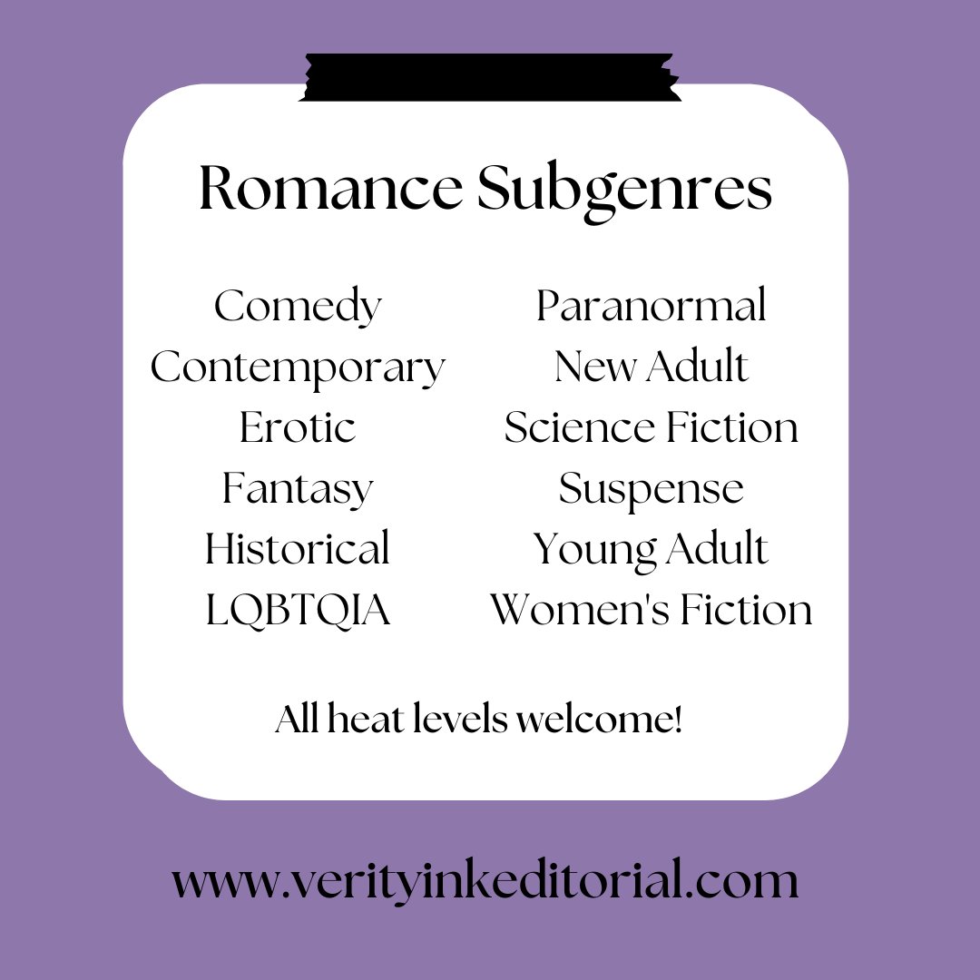 VerityInkEditor's tweet photo. Romance is my jam. If you write in any of the following subgenres, I'd love to work with you.

#writingcommunity #writing #writer #author #amwriting #editor #bookeditor #amediting #editorforhire #romancewriter #romanceauthor #romancebooks #writersoftwitter #romanceeditor https://t.co/1MfxOctzPu